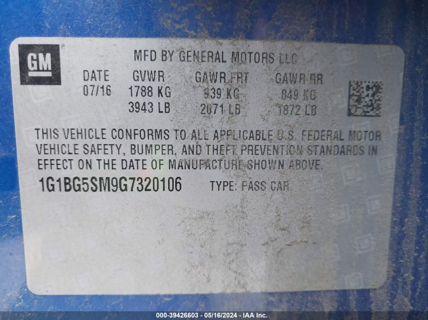 2016 Chevrolet Cruze Premier Auto VIN: 1G1BG5SM9G7320106 Lot: 39426603