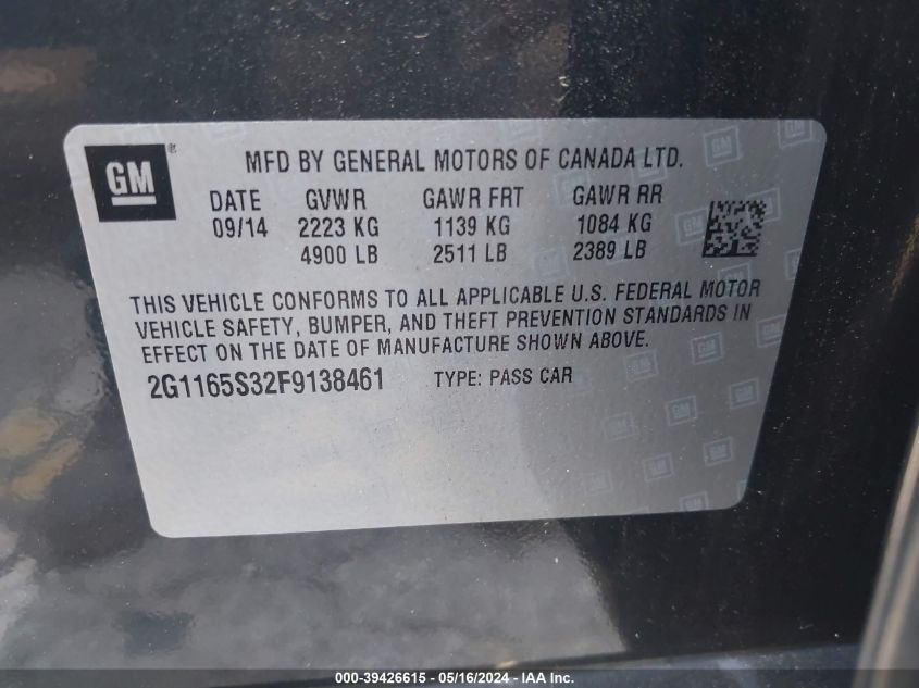 2015 Chevrolet Impala 2Lz VIN: 2G1165S32F9138461 Lot: 39426615