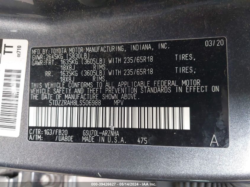 2020 Toyota Highlander Le VIN: 5TDZZRAH8LS506988 Lot: 39426627