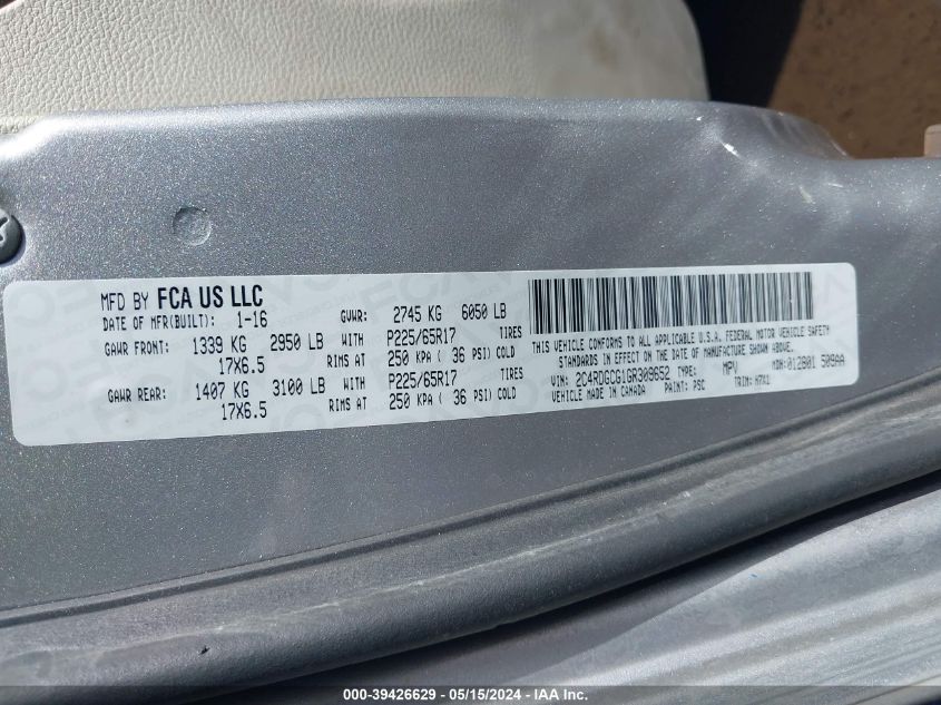 2016 Dodge Grand Caravan Sxt VIN: 2C4RDGCG1GR309652 Lot: 39426629