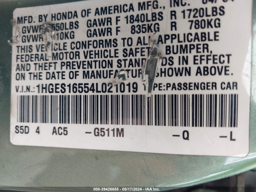 2004 Honda Civic Lx VIN: 1HGES16554L021019 Lot: 39426655