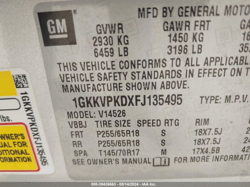 2015 GMC Acadia Sle-2 VIN: 1GKKVPKDXFJ135495 Lot: 39426663