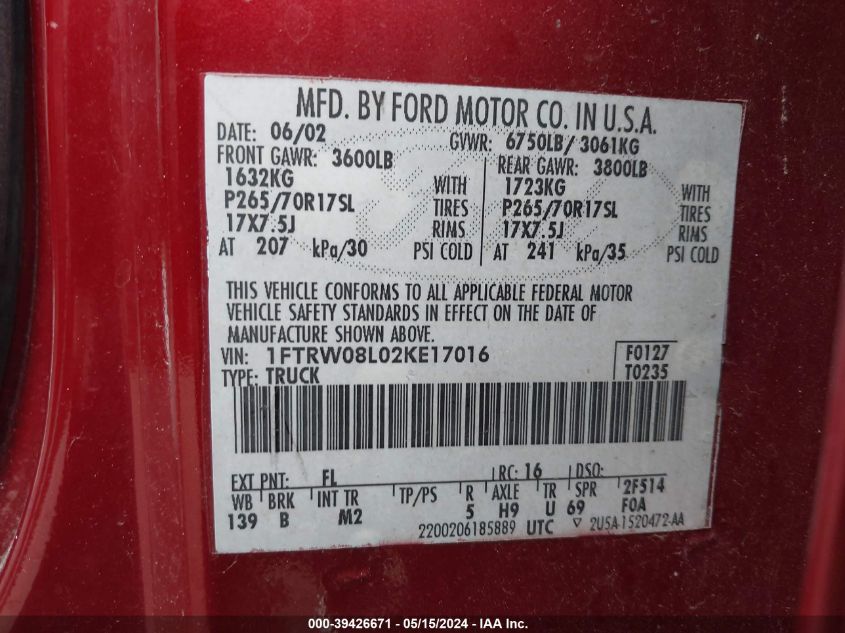 2002 Ford F-150 Lariat/Xlt VIN: 1FTRW08L02KE17016 Lot: 39426671