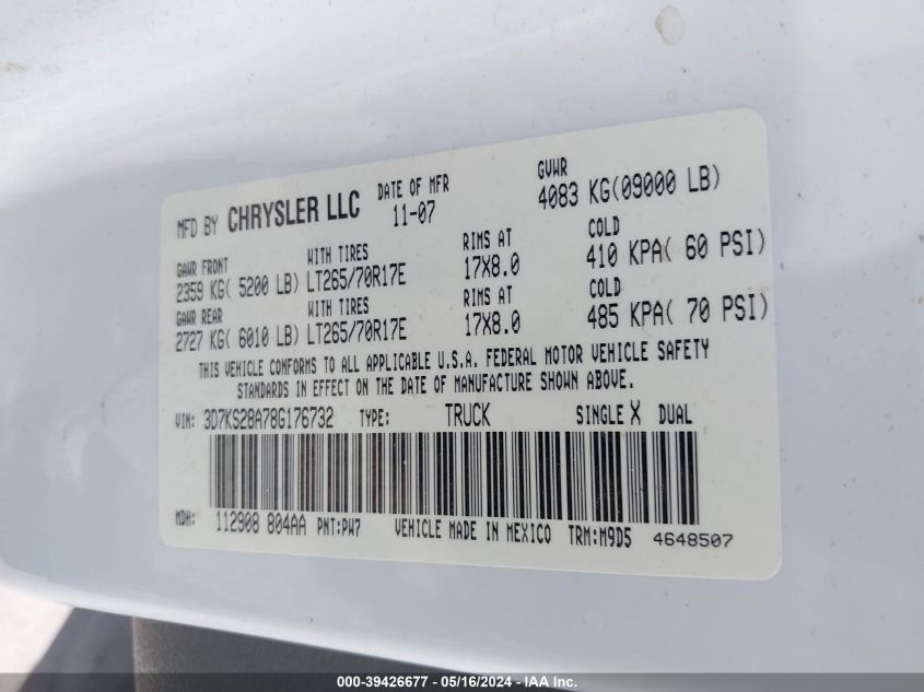 2008 Dodge Ram 2500 Slt VIN: 3D7KS28A78G176732 Lot: 39426677