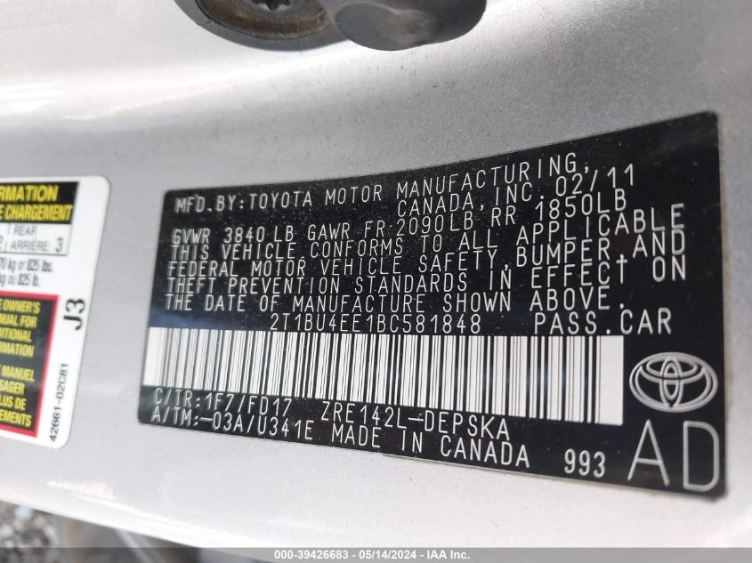 2011 Toyota Corolla S VIN: 2T1BU4EE1BC581848 Lot: 39426683