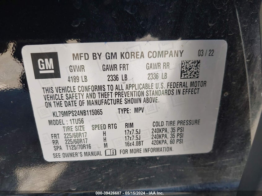 VIN KL79MPS24NB115065 2022 CHEVROLET TRAILBLAZER FWD LT