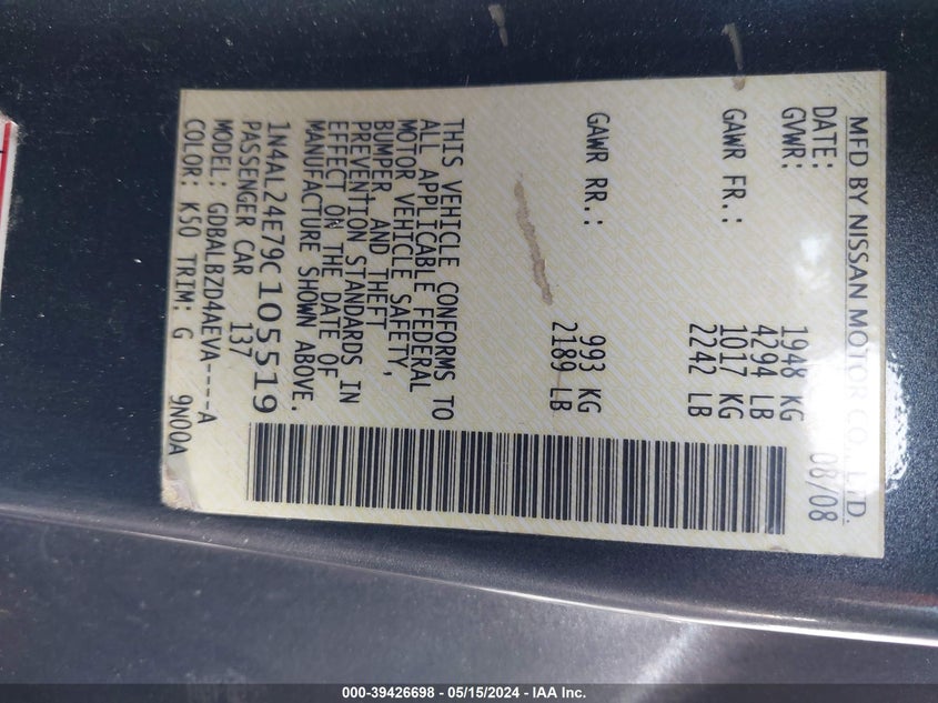 1N4AL24E79C105519 2009 Nissan Altima 2.5 S