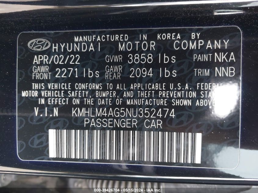 2022 Hyundai Elantra Sel VIN: KMHLM4AG5NU352474 Lot: 39426704