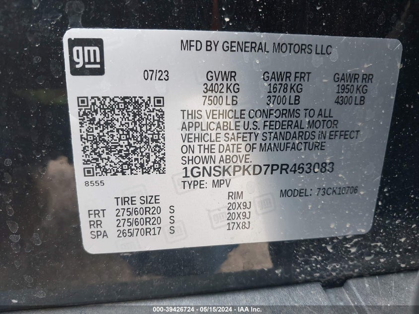 2023 CHEVROLET TAHOE K1500 Z71 1GNSKPKD7PR463083