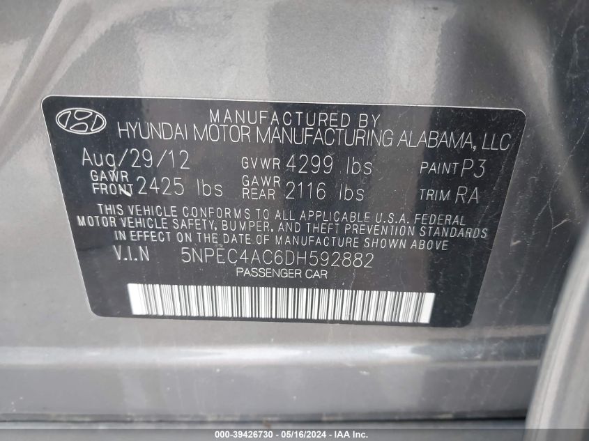 2013 Hyundai Sonata Limited VIN: 5NPEC4AC6DH592882 Lot: 39426730