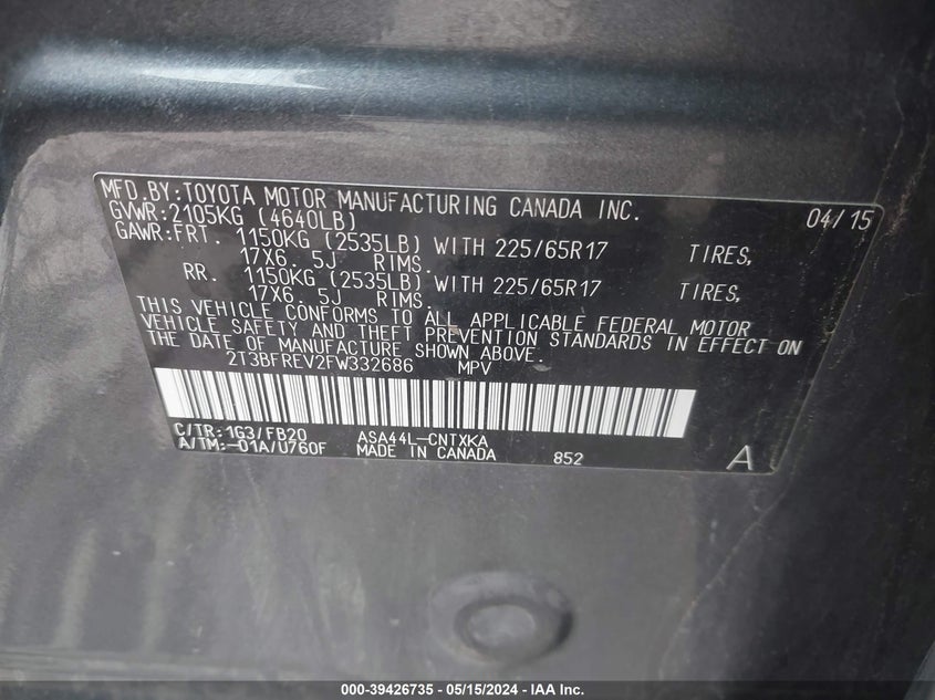 2015 TOYOTA RAV4 LE - 2T3BFREV2FW332686