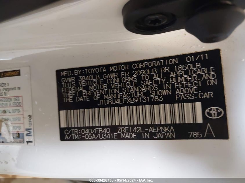 2011 Toyota Corolla Le VIN: JTDBU4EEXB9131783 Lot: 39426738