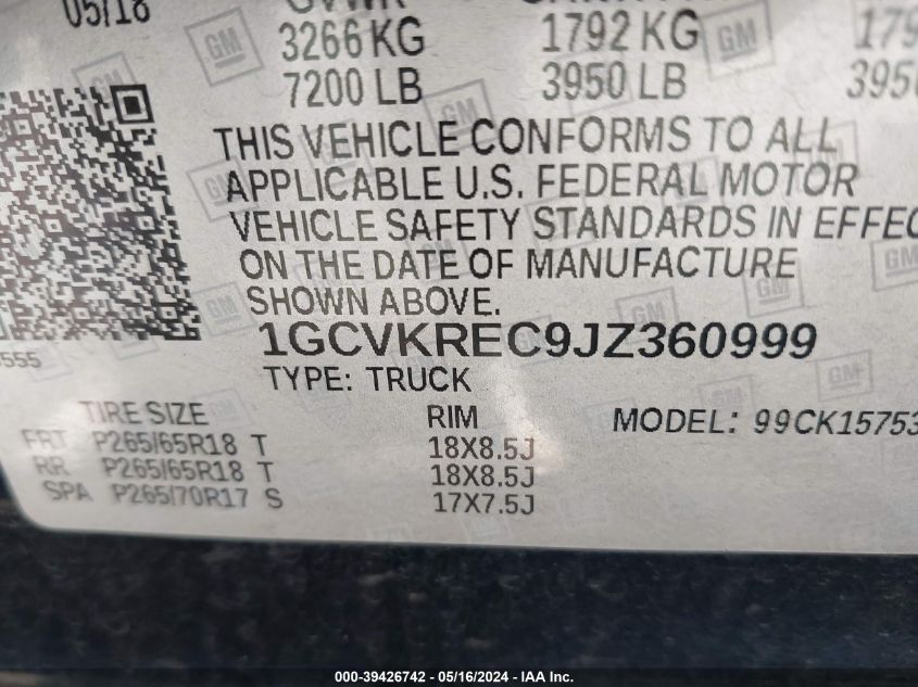 2018 Chevrolet Silverado 1500 2Lt VIN: 1GCVKREC9JZ360999 Lot: 39426742