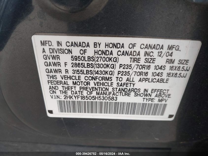 2005 Honda Pilot Ex-L VIN: 2HKYF18505H530583 Lot: 39426752