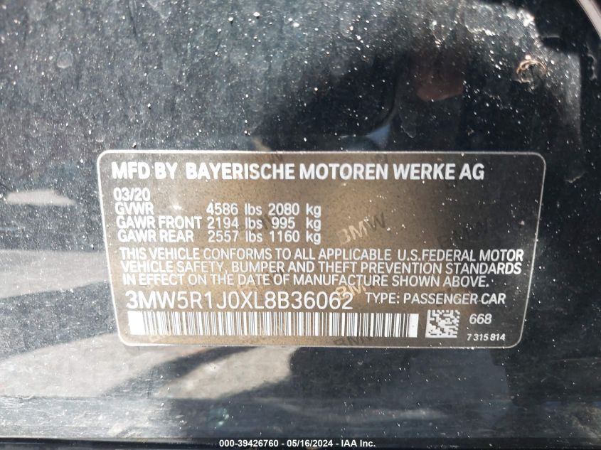 2020 BMW 330I VIN: 3MW5R1J0XL8B36062 Lot: 39426760