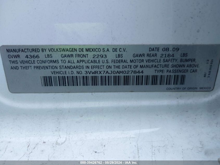 2010 Volkswagen Jetta Se VIN: 3VWRX7AJ0AM027844 Lot: 39426762