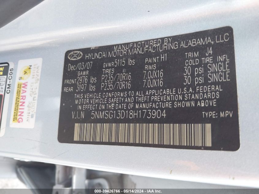 2008 Hyundai Santa Fe Gls VIN: 5NMSG13D18H173904 Lot: 39426766