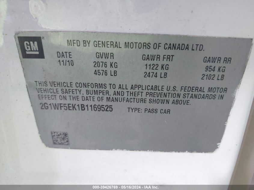 2011 Chevrolet Impala Ls VIN: 2G1WA5EK9B1326717 Lot: 39426769