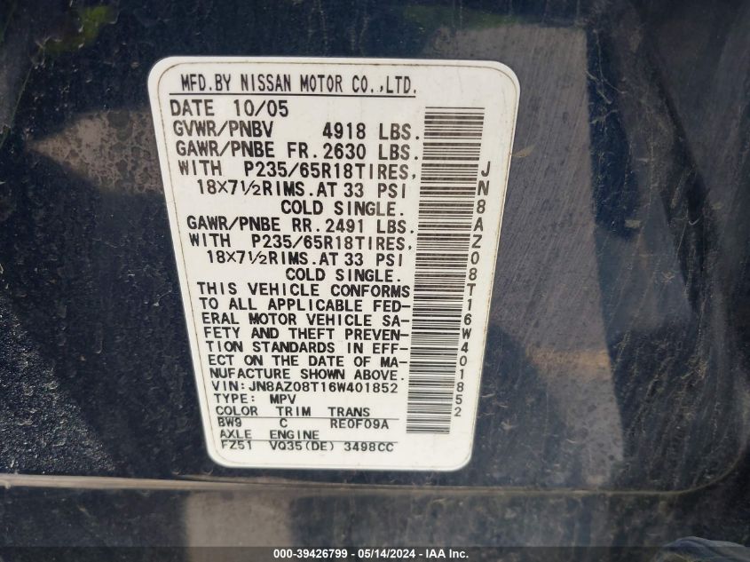 2006 Nissan Murano Sl VIN: JN8AZ08T16W401852 Lot: 39426799