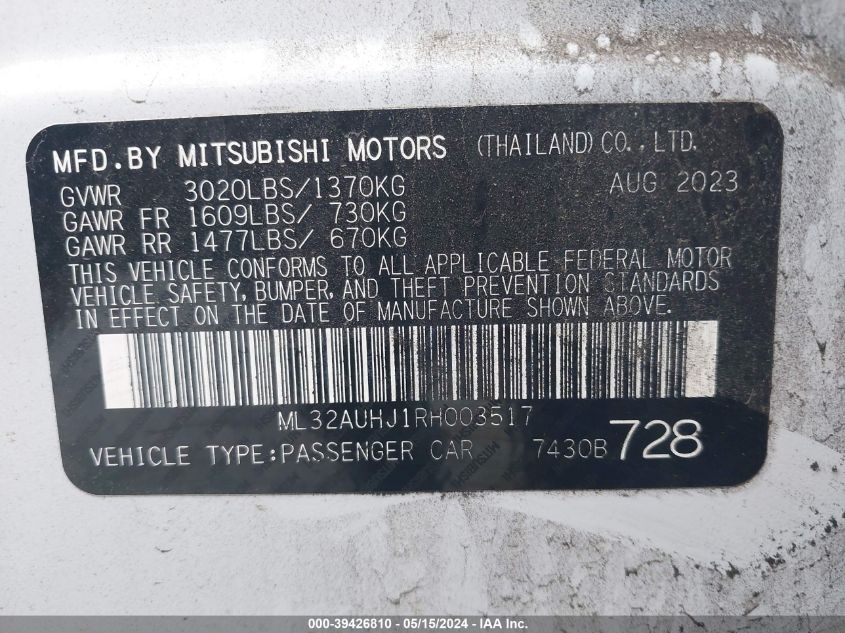 2024 Mitsubishi Mirage Es VIN: ML32AUHJ1RH003517 Lot: 39426810