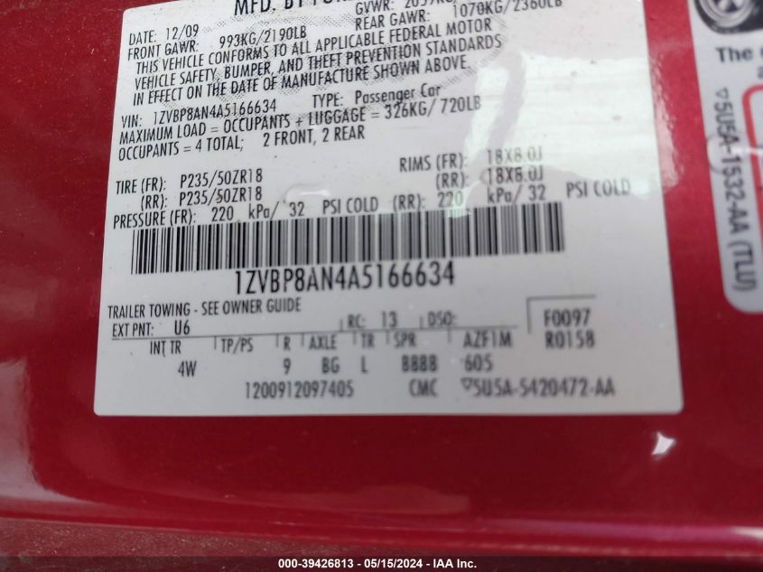 2010 Ford Mustang VIN: 1ZVBP8AN4A5166634 Lot: 39426813