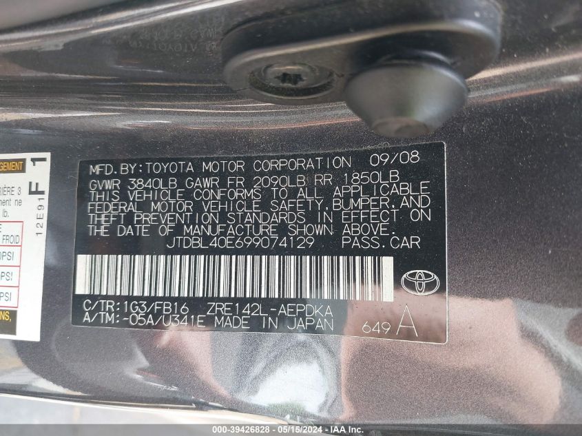 2009 Toyota Corolla Le VIN: JTDBL40E699074129 Lot: 39426828