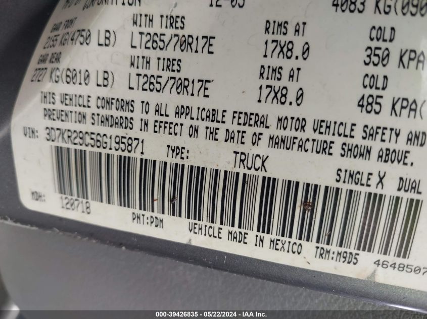 2006 Dodge Ram 2500 Slt VIN: 3D7KR29C56G195871 Lot: 39426835