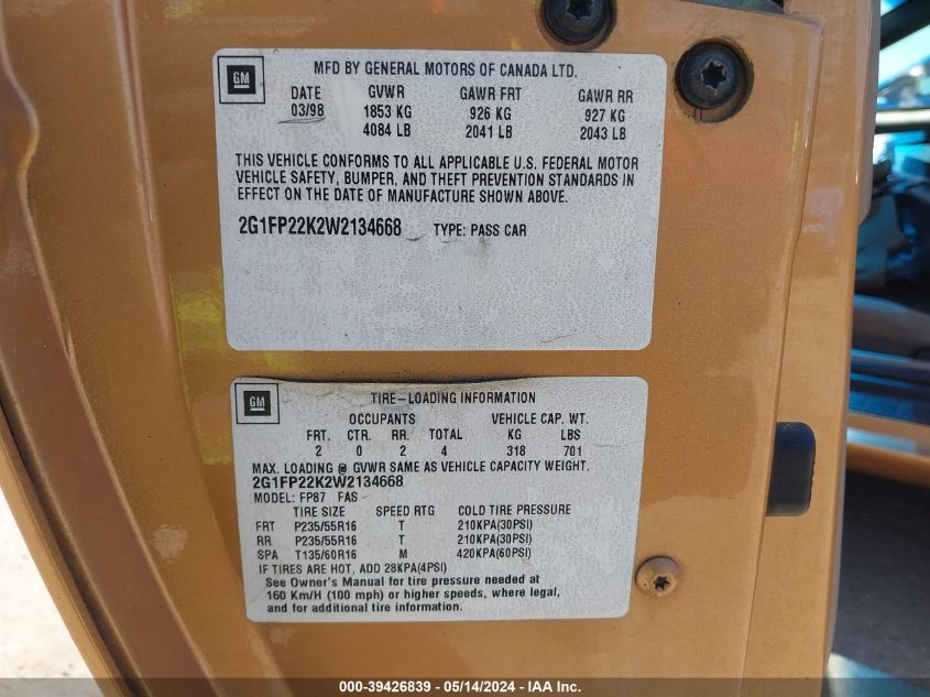 1998 Chevrolet Camaro VIN: 2G1FP22K2W2134668 Lot: 39426839