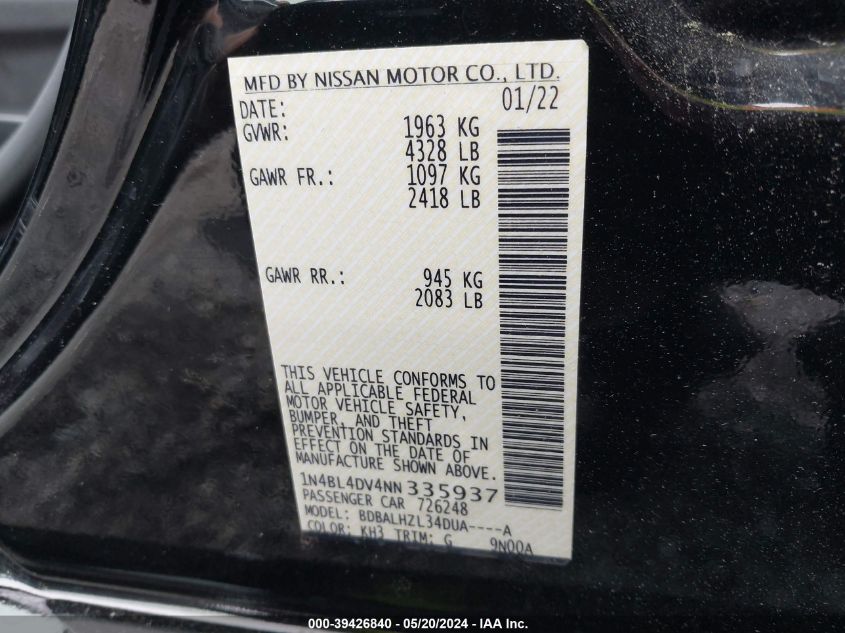 2022 Nissan Altima Sv Fwd VIN: 1N4BL4DV4NN335937 Lot: 39426840