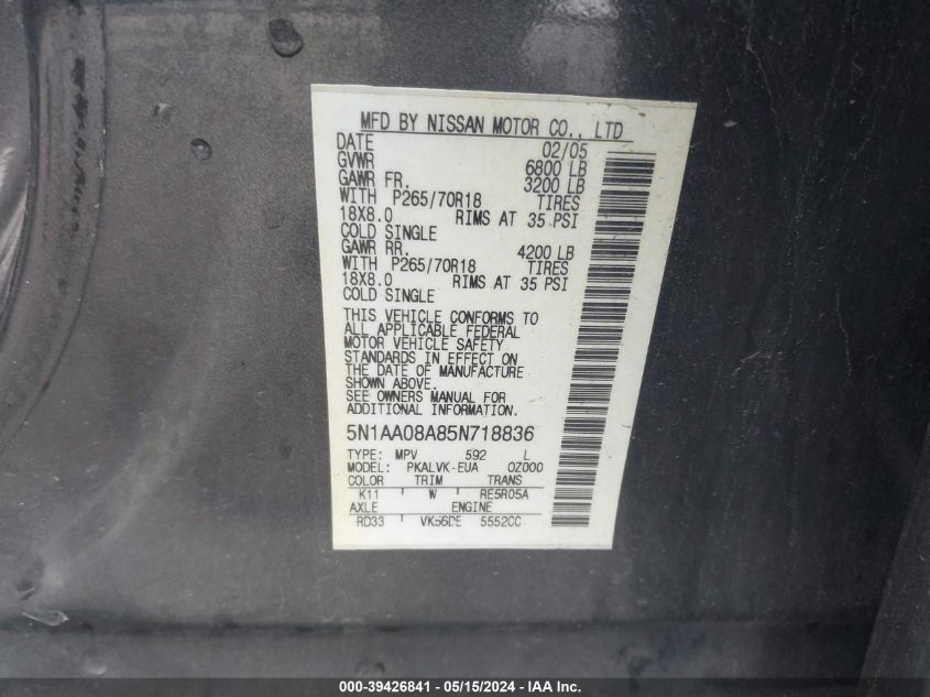2005 Nissan Armada Le VIN: 5N1AA08A85N718836 Lot: 39426841