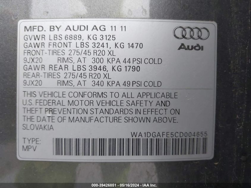 2012 Audi Q7 3.0T S Line Prestige VIN: WA1DGAFE5CD004655 Lot: 39426851