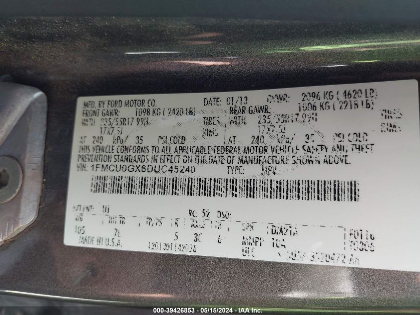 2013 Ford Escape Se VIN: 1FMCU0GX6DUC45240 Lot: 39426853