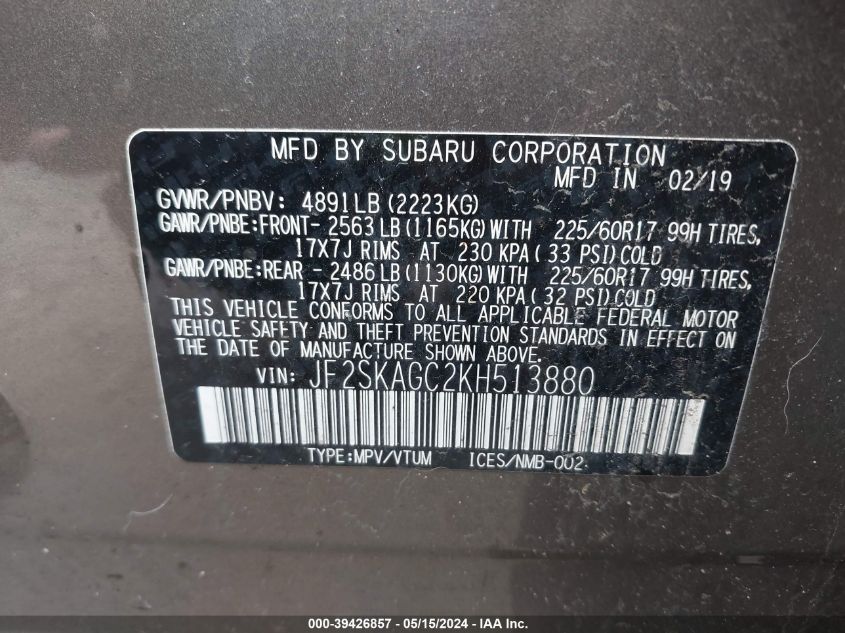 2019 Subaru Forester Premium VIN: JF2SKAGC2KH513880 Lot: 39426857