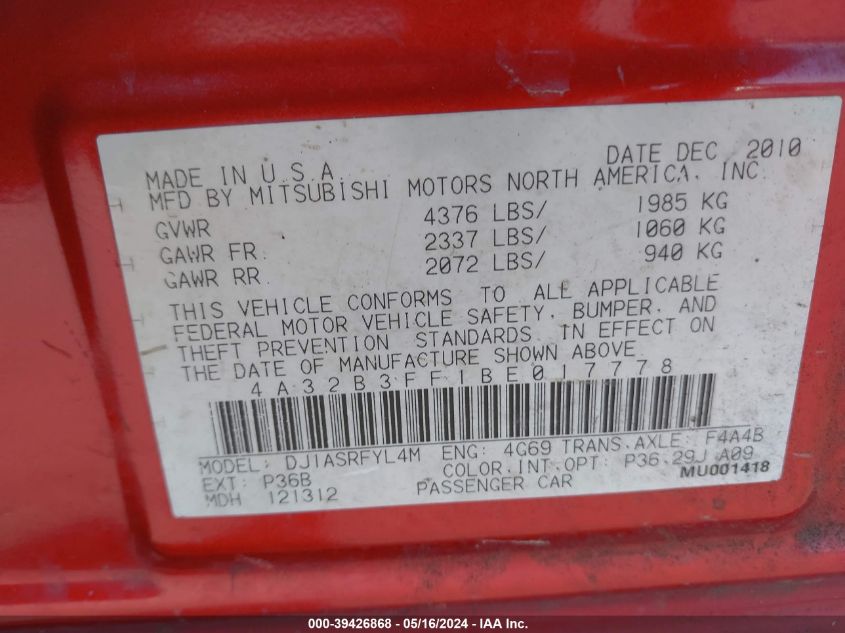 2011 Mitsubishi Galant Es/Se VIN: 4A32B3FF1BE017778 Lot: 39426868