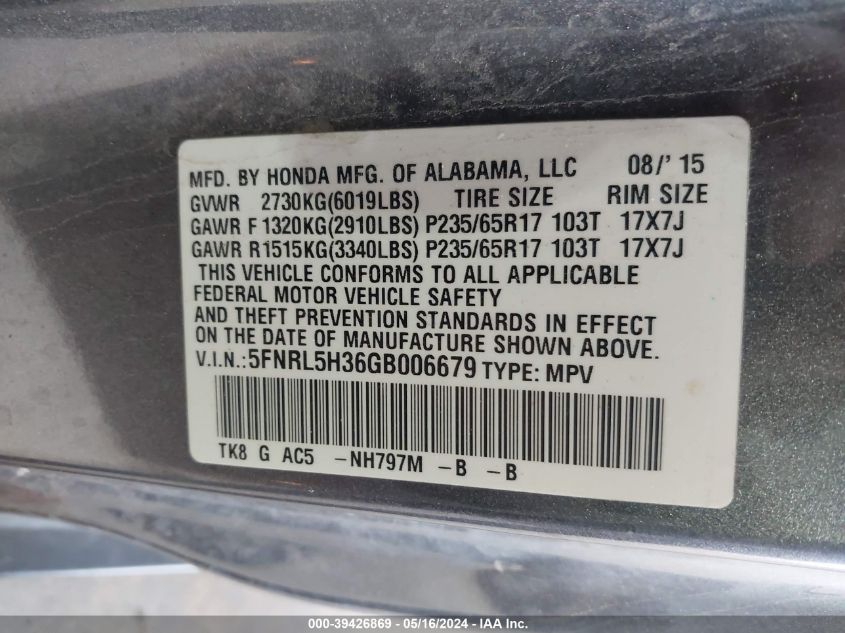 2016 Honda Odyssey Se VIN: 5FNRL5H36GB006679 Lot: 39426869