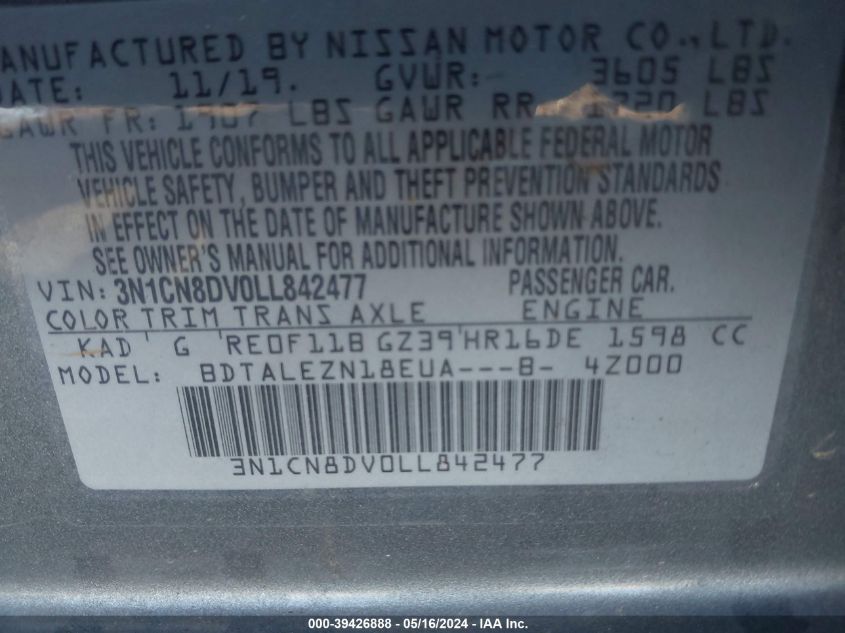 2020 Nissan Versa S Xtronic Cvt VIN: 3N1CN8DV0LL842477 Lot: 39426888