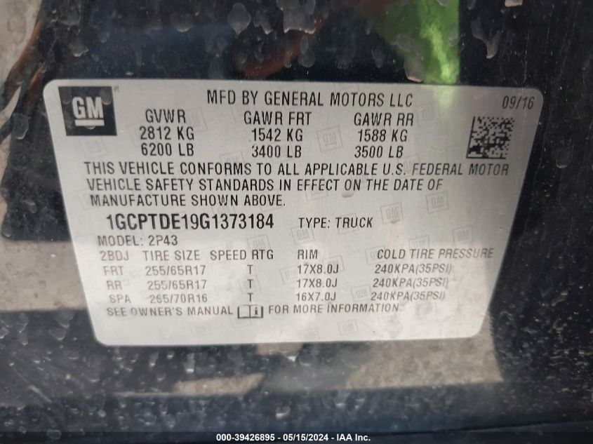 2016 Chevrolet Colorado Z71 VIN: 1GCPTDE19G1373184 Lot: 39426895