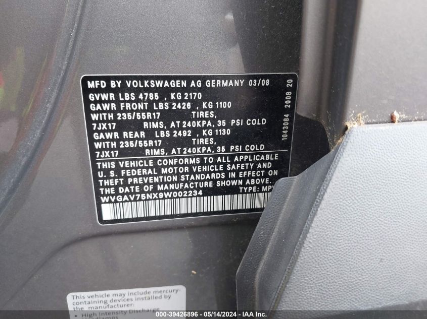 2009 Volkswagen Tiguan S/Se/Sel VIN: WVGAV75NX9W002234 Lot: 39426896