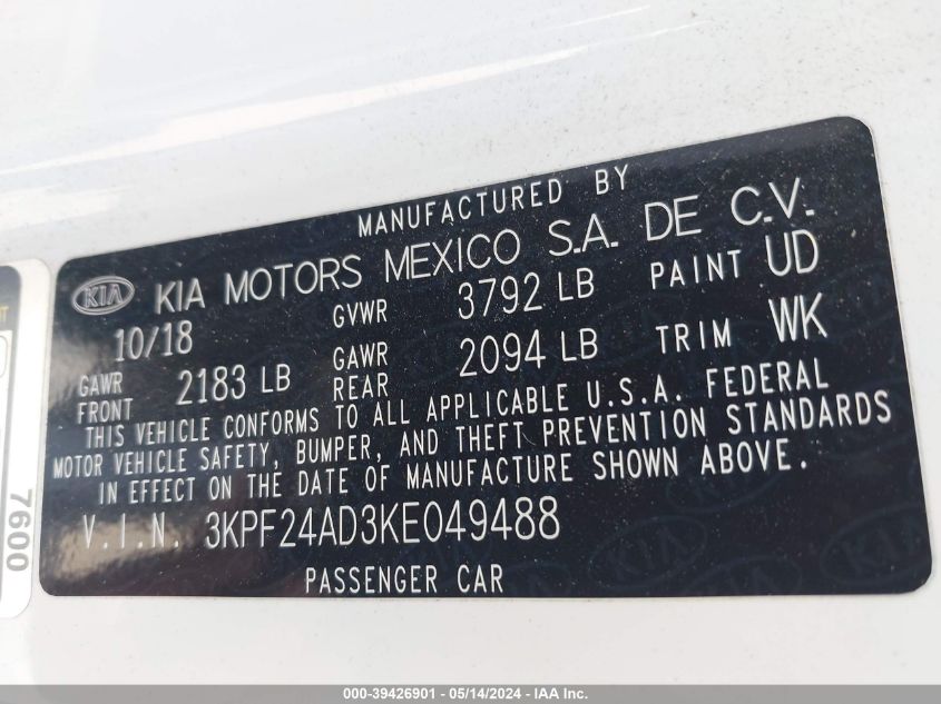 2019 Kia Forte Fe VIN: 3KPF24AD3KE049488 Lot: 39426901