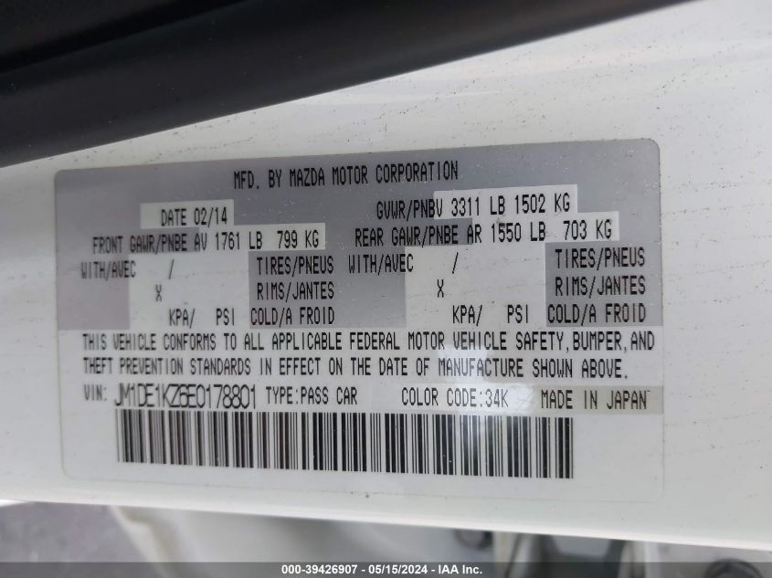 2014 Mazda Mazda2 Sport VIN: JM1DE1KZ6E0178801 Lot: 39426907