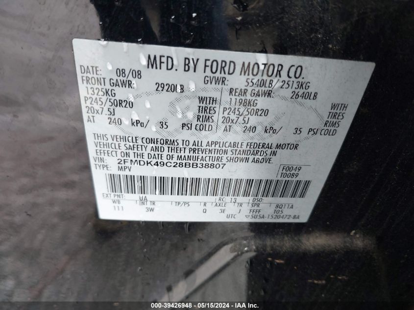 2008 Ford Edge Limited VIN: 2FMDK49C28BB38807 Lot: 39426948