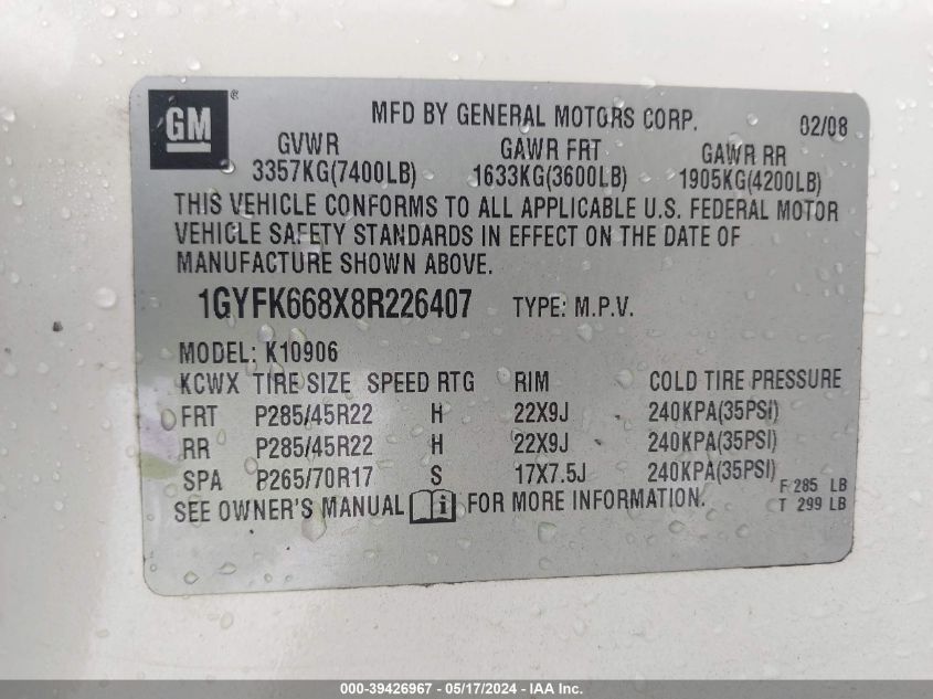 2008 Cadillac Escalade Esv Standard VIN: 1GYFK668X8R226407 Lot: 39426967