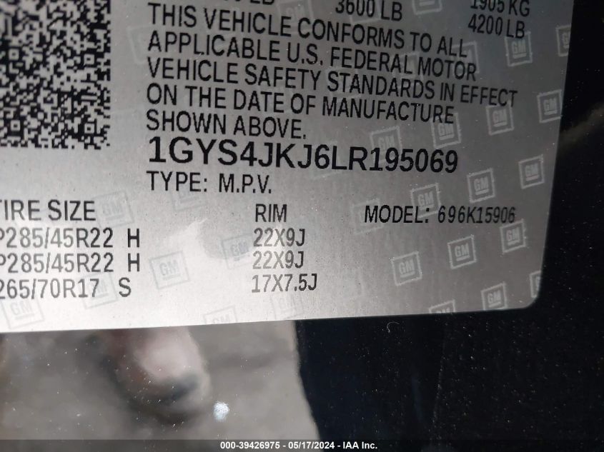 2020 Cadillac Escalade Esv 4Wd Premium Luxury VIN: 1GYS4JKJ6LR195069 Lot: 39426975