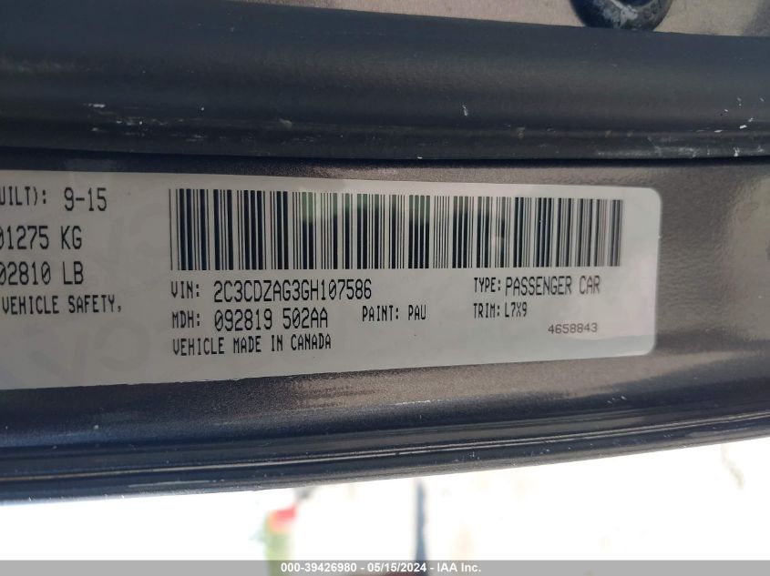 2016 Dodge Challenger Sxt VIN: 2C3CDZAG3GH107586 Lot: 39426980