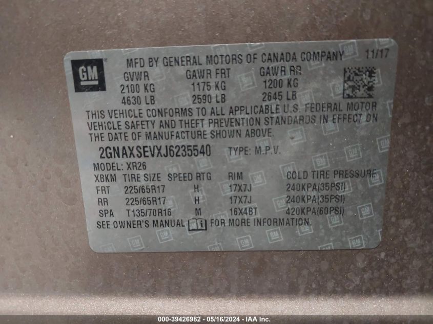 2018 Chevrolet Equinox Lt VIN: 2GNAXSEVXJ6235540 Lot: 39426982