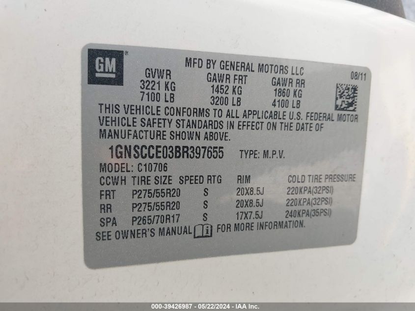 2011 Chevrolet Tahoe Ltz VIN: 1GNSCCE03BR397655 Lot: 39426987