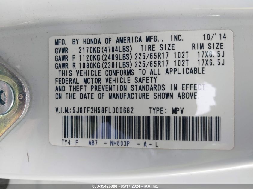 2015 Honda Crosstour Ex-L VIN: 5J6TF3H58FL000682 Lot: 39426988