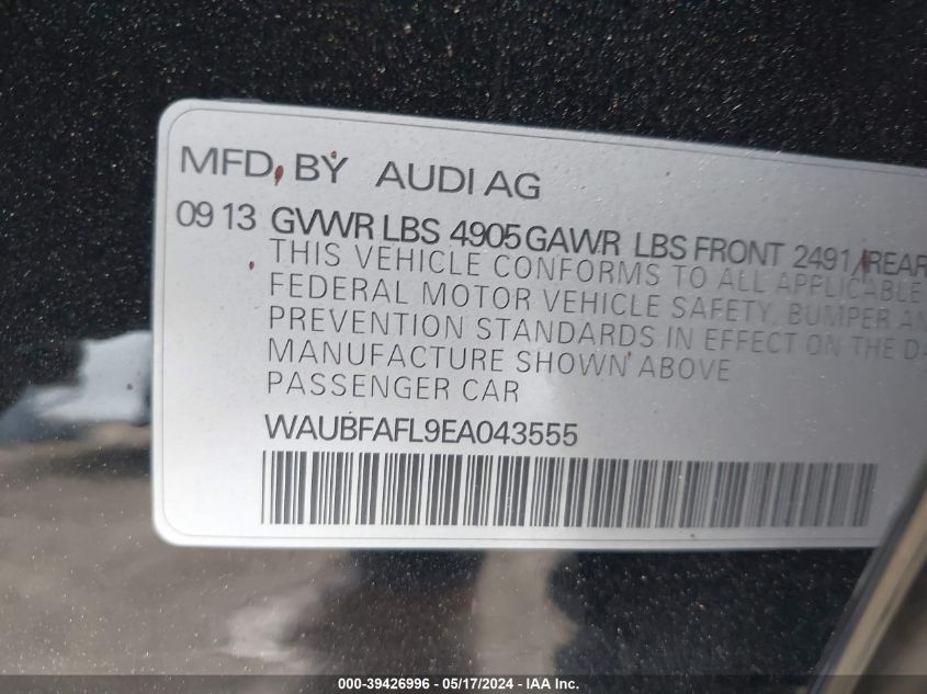 2014 Audi A4 2.0T Premium VIN: WAUBFAFL9EA043555 Lot: 39426996