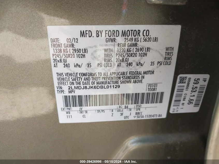 2013 Lincoln Mkx VIN: 2LMDJ8JK6DBL01129 Lot: 39426998