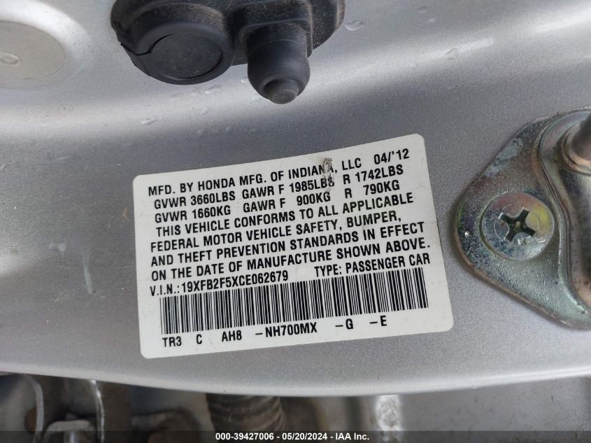 2012 Honda Civic Lx VIN: 19XFB2F5XCE062679 Lot: 39427006